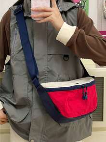 Colorblock Nylon Crossbody Bag, Multiple Colors Available, Lightweight Waterproof Fabric, Multi-Compartment Zipper Storage, Adjustable Wide Strap, Minimalist Crescent Shape, Daily Commute Outdoor Cycling Shoulder Chest Bag - Multicolor - View 3