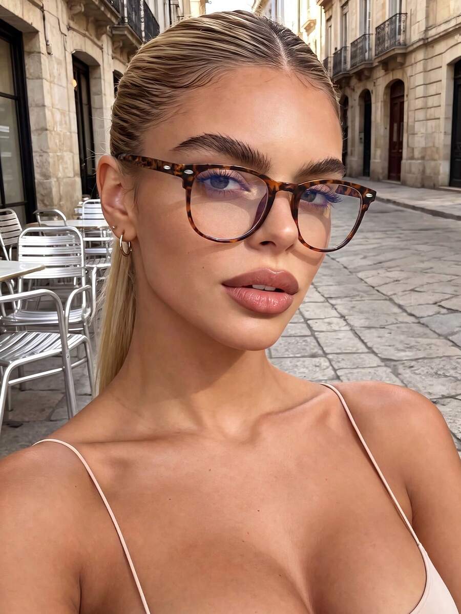 1 Pair Women's Square Round Frame Glasses With Rivet Decor, Leopard Print Color, Clear Lens, Suitable For All Face Shapes, Daily Office, Street Photography, Transparent Eyewear Accessory - Leopard Print - View 1