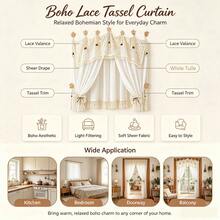 1pc Bohemian Style Crochet Lace Semi-Sheer Curtain With Tassel Tieback, American Country Style Translucent Archway Partition Curtain, Suitable For Hallway, Kitchen, Bedroom And Living Room Zoning - Beige - View 3