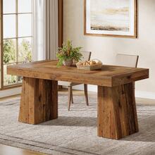 LITTLE TREE 140cm Rectangular Wood Dining Table For 4 People Mid Century Modern Dinner Table With Double Pedestal Rustic Brown For Dining Room Kitchen - Rust Brown - View 3