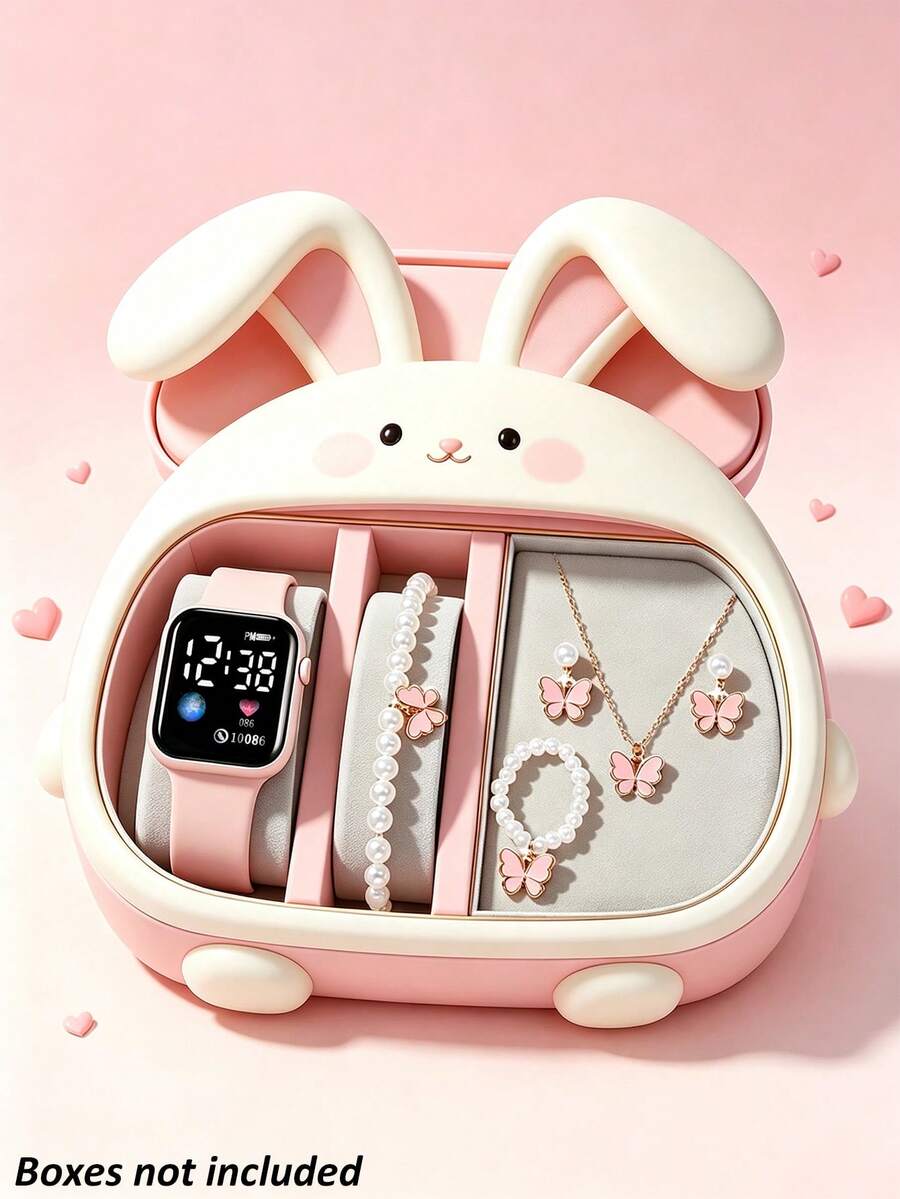 6pcs/Set Girly Square LED Screen Electronic Watch With Butterfly Jewelry Set, Necklace Bracelet Earrings Ring, Girls Daily & Party Accessories, Birthday Holiday Gift For Little Girls (No Gift Box) - Multicolor - View 1