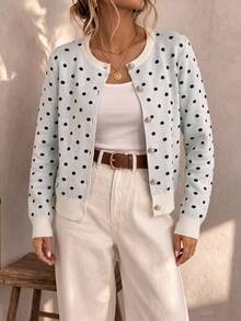 Live To Mo Women Polka Dot Cropped Knit Cardigan Long Sleeve Button Front Fall Back To School Top For Going Out Daily Office Wear - White Background With Black Dots - View 5