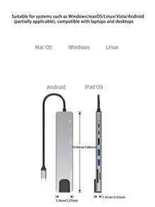 Type-C 全功能筆電擴充塢，多埠集線器支援 USB 隨身碟、HDD、SD 與 TF 卡，鋁合金外殼，千兆乙太網路與 USB3.0 介面（購買前請確認您的手機支援 HDTV 連接） - 淺灰色 - 查看 11