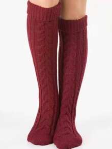 1 Pair Thick Knitted Cable Knit Knee High Socks, Warm Casual Daily Wear, Comfortable Socks - Burgundy - View 4
