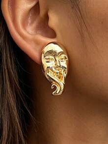 1 Pair Vintage Creative Design Gold Portrait Stud Earrings, Personalized 3D Face Earrings, Suitable For Daily, Party And Casual Wear, Jewelry Accessories - Gold - View 2