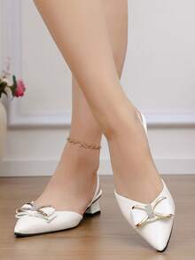 Elegant Bow Rhinestone Embellished Pointed Toe Slingback Women's Shoes, Fashion Closed Toe Low Vamp Sandals, Suitable For Daily Wear And Dating, Showcasing Soft And Graceful Elegant - White - View 3