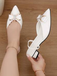 Elegant Bow Rhinestone Embellished Pointed Toe Slingback Women's Shoes, Fashion Closed Toe Low Vamp Sandals, Suitable For Daily Wear And Dating, Showcasing Soft And Graceful Elegant - White - View 2