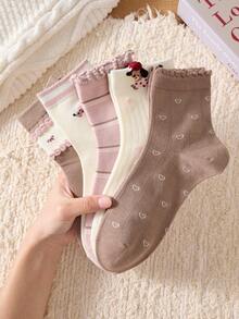 5 Pasang Kaos Kaki Wanita Motif Hati, Pita, dan Anak Anjing Warna Pink dan Cokelat, Panjang Selutut, Anti Selip dan Nyaman, Cocok untuk Musim Gugur/Dingin - Berwarna merah muda - View 3
