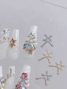 2pcs Christmas Themed Metal Nail Art Accessories, Gold & Silver Color Options, Shiny Rhinestones & Pearl Decor, DIY Christmas Tree Decoration For Gorgeous Holiday Style Nails - Multicolor - View 5