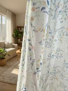 1pc Linen Ditsy Floral, Fresh Style. Decorate Holiday Atmosphere, Privacy Sunshade Curtain. - Creamy White - View 8