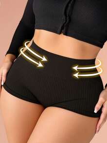 Celana Dalam Wanita Ukuran Plus Model Boyshorts Pinggang Tinggi Tanpa Jahitan Bergaris Lembut Elastis Tinggi Cakupan Penuh - Hitam - View 4