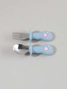 2pcs Custom Name Cat Paw Baby Fork & Spoon Set, Silicone Handle Stainless Steel Toddler Self-Feeding Training Cutlery With Case - Multicolor - View 10