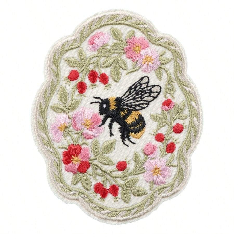 1pc Vintage Bee & Wild Berry Floral Embroidered Applique, Wavy Lace Bee Flower Iron-On Patch, Clothing Backpack DIY Decorative Badge