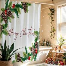 1件裝聖誕莓果花卉與Merry Christmas圖案浴簾，復古設計，防水，適用於浴缸隔簾，浴室裝飾與配件，聖誕裝飾，居家裝飾禮品，附12個掛鉤 - 彩色 - 查看 7