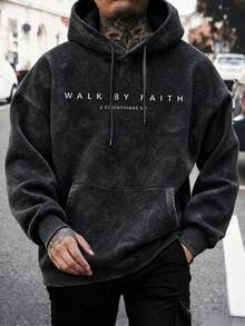 Men's Letter Print Washed Hoodie, Casual Loose Fit Pullover Sweatshirt - Black - View 1