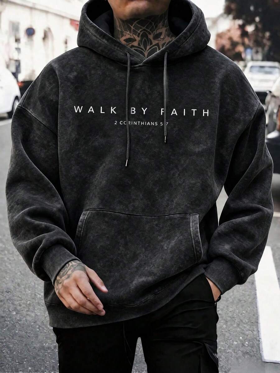 Men's Letter Print Washed Hoodie, Casual Loose Fit Pullover Sweatshirt - Black - View 1