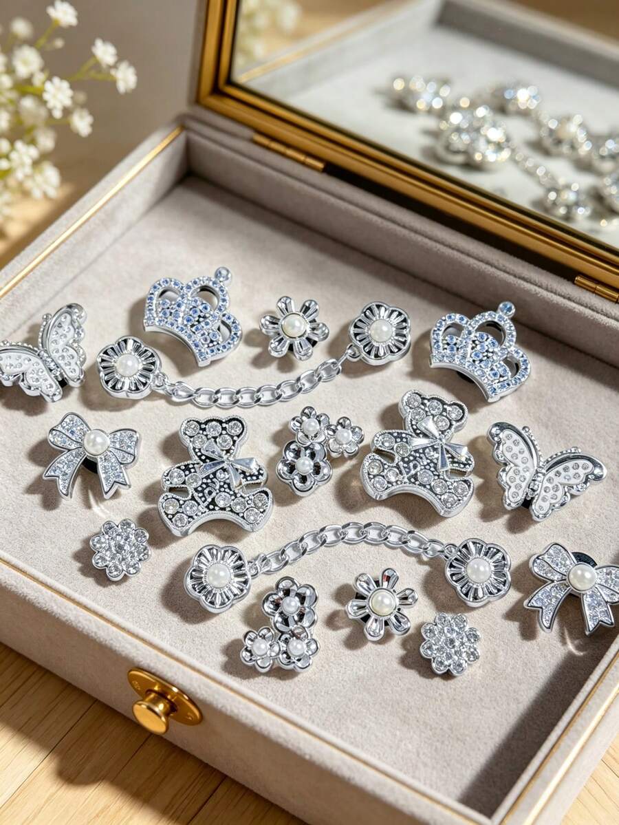 16pcs Silver Bear Chain Butterfly Star Rhinestone Set, Fashion DIY Shoe Decor, Shiny Under Light, Removable Accessories For Garden Shoes, Sandals, Holiday Gift - Silver - View 1
