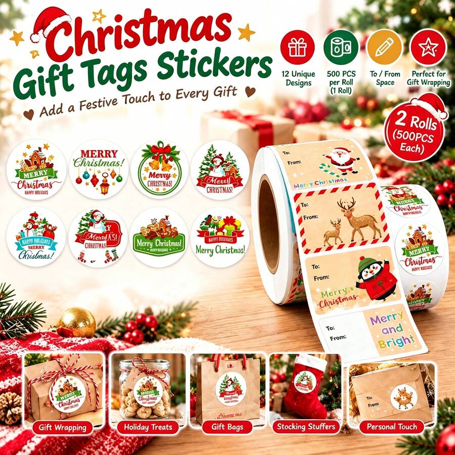 2 Rolls 1000 Pcs Christmas Gift Tags Stickers, Merry Christmas To‑From Self Adhesive Present Labels, 12 Festive Designs Xmas Name Stickers For Gift Wrapping, Stocking Stuffers, Holiday Treat Jars, Gift Bags - 1 Roll Each for 2 Styles - View 1