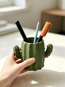 1pc Green Cactus Shaped Flower Pot, Pen Holder, Large Capacity Storage Space, Stable Base, Not Easy To Tip Over, Study Office Desk Surface Decoration, Suitable For Office Housewarming Gift - Cactus - View 4