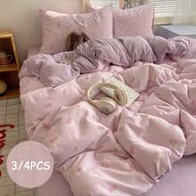 3/4pcs Purple Cherry & Bow Pattern Duvet Cover Set (Duvet Cover*1 + Bed Sheet*1 + Pillowcase*1/2, Filling Not Included), Sweet & Cute Home Bedding Set, Suitable For Bedroom, Guest Room And Dorm, Machine Washable & Hand Washable, Soft & Breathable, Fresh Cream Style - Mauve Purple - View 1