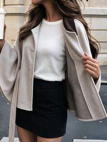 Women's Autumn/Winter Commuter Color Block Patchwork Notched Collar Tie Waist Metal Buckle Short Cape Coat Dopamine Style - Apricot - View 9