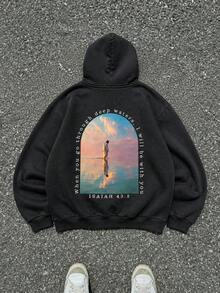FRACTYR Men's American Style Front & Back Double Print Cross & Bible Verse Loose Fit Hoodie, High Street Style Oversized Drop Shoulder Couple Pullover Sweatshirt - Black - View 4