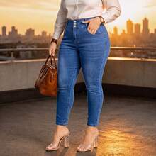 Women's High-Waist Denim Skinny Pants, With Functional Pockets And Zipper Closure, High Elasticity Slim Fit Plus Size Ankle Pants, Suitable For Autumn Casual Wear - Blue - View 5
