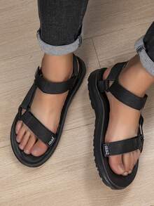 Solid Color Beach Hook-And-Loop Buckle Beach All Season - Black - View 6