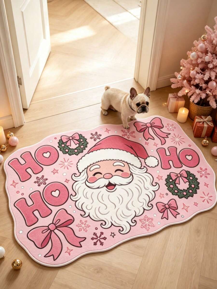 1pc Pink Santa Claus Pattern Decorative Rug, Living Room Carpet, Bedside Plush Rug, Autumn/Winter Carpet, Thick Rug, Large Living Room Carpet, Bedroom Carpet, Living Room Home Decor, Outdoor Rug, Washable Carpet - Multicolor - View 1