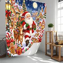 1pc/4pcs Gingerbread Town Santa Claus Pattern Multi-Functional Bathroom Decor Shower Curtain Set, Free 12 Hooks, Premium Holiday Atmosphere, Bathroom Mat, U-Shaped Bath Mat And Round Toilet Lid Cover, Suitable For All Occasions, Bathroom Set - Gingerbread Town Santa Claus - View 2