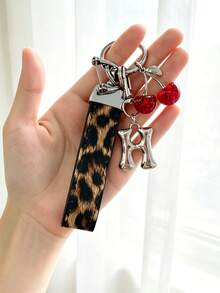 26 Alphabet Letter Keychain Pendant Creative Leopard Print PU Rope Key Strap, Cherry Charm, Car Keychain Pendant, Bag Charm Accessory, Key Decoration Accessory, 26 Letters To Choose From, Meaningful Gift For Family And Friends On Holidays - Brown - View 21