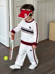 2pcs Baby Boy Minimalist Sporty Knight Logo Striped Colorblock Crew Neck Long Sleeve Sweatshirt And Straight Leg Pants Set, Suitable For Daily Casual Wear In Spring And Autumn - White - View 2