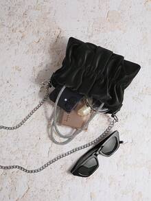 1pc PU Leather Bag, Party Handbag, Ruched Cloud Shaped Wallet, Chain Crossbody Shoulder Bag - Black - View 2