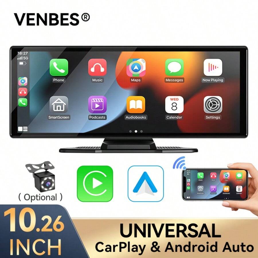 VENBES 10.26 Inch PND Portable Car Stereo, Wireless CarPlay & Wireless Android Auto Touch Screen Car Player With Bluetooth FM