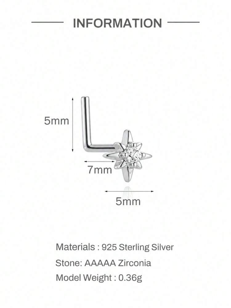 1pc 925 Sterling Silver L-Shaped Octagonal Star Nose Stud, Hypoallergenic Nostril Piercing Jewelry, Nose Ring, Unisex, Suitable For Daily Wear And Gift - Silver - View 9
