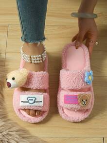 shensongni Women's Soft Plush Open Toe House Slippers, Cartoon Bear And Flower Decor, Sweet Asymmetric Design, All Season Pink Fleece Indoor Slippers - Pink - View 12