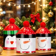 2pcs Christmas Storage Jars, Metal Decorated Penguin & Snowman Cute Red Top Fluffy Lid, Gift Storage Box - Multicolor - View 7