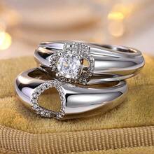 Gmzalx Bright Color Synthetic Zirconia Couple Ring Set, Minimalist Elegant Rings, Romantic Gift For Date Anniversary - Silver - View 4