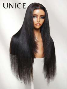 UNice Yaki Straight Layered Bye-Bye Slip 7x5 Lace Glueless Human Hair Wig With Drawstring Fit For All Sizes Pre Cut Pre Plucked Pre Bleached Put On And Go Natural Black Wig For Women 180% Density - Natural Black - View 6
