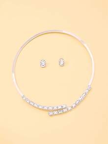 3pcs/Set Earrings & Necklace Jewelry Set, Double-Row Rectangular Cut Rhinestone Necklace + Minimalist Square Stud Earrings, Wedding Banquet Party Accessories - Rhinestone - View 4