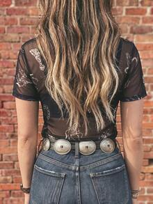 Acelitt Women's Summer Black Western Cowboy Style Mesh Print Fitted Casual Short Sleeve Top - Black - View 3