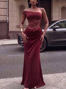 Women Chic New Off Shoulder Sheer Lace Back Draped Ruched Side Bodycon Mermaid Maxi Dress Elegant Evening Party Cocktail Wedding Guest Prom Outfit - Burgundy - View 2