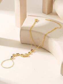 1pc Luxury Stainless Steel Micro-Inlaid Rhinestone Finger Chain Bracelet, Fashion Geometric Design, Perfect Gift, Suitable For Daily Wear - Yellow Gold - View 3