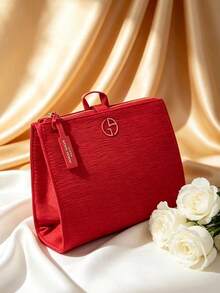2 Colors Available Embossed Texture Cosmetic Storage Bag With Carry Strap Zipper Closure Portable Travel Toiletry Pouch For Makeup Skincare Organization Holiday Birthday Gift Armani - Red - View 5