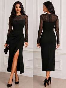 Women's Long-Sleeved, Crew Neck, Tulle, Embellished Midi Crepe Dress , 37340 - Black - View 1