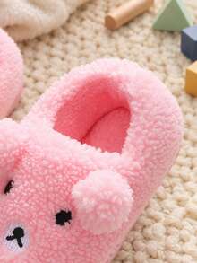 Cute Pom Pom Bear Kids Closed Back Plush Slippers, Girls Fluffy Warm Non-Slip Indoor Home Shoes For Autumn Winter - Pink - View 6