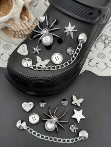 18pcs Spider & Star Shoe Charms, DIY Detachable Shoe Decorations ABS Rivet Chain Shoe Accessories Suitable For Clogs, Women's Sandals, Slippers, Beach Shoes, Holiday Gift - Silver - View 4