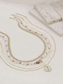 4pcs Fashion Hip Hop Style Round Pendant Pearl Evil Eye Layered Necklace, Suitable For Women's Daily Wear And Holiday Decoration - Gold - View 3