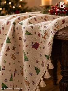 Christmas Printed Tablecloth With Tassel Fringe, Beige Holiday Table Cover With Christmas Tree, Reindeer & Gift Pattern, Festive Dining Table Decor For Xmas Party, Kitchen & Home - Beige - View 11