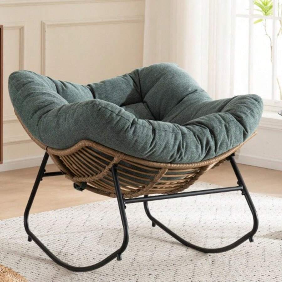 Oversized Egg Rocking Chair, Wicker Rattan Patio Lounge Chair With Thick Cushion, Egg-Shaped Rocker For Balcony, Porch, Garden & Bedroom - Green - View 1
